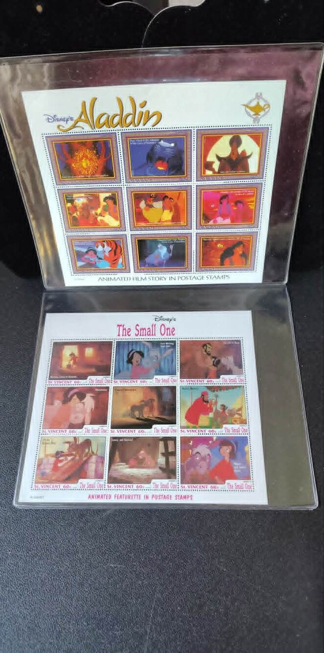 2 9pc stamp sheets, Aladdin & The Small One Disney MNH ICS